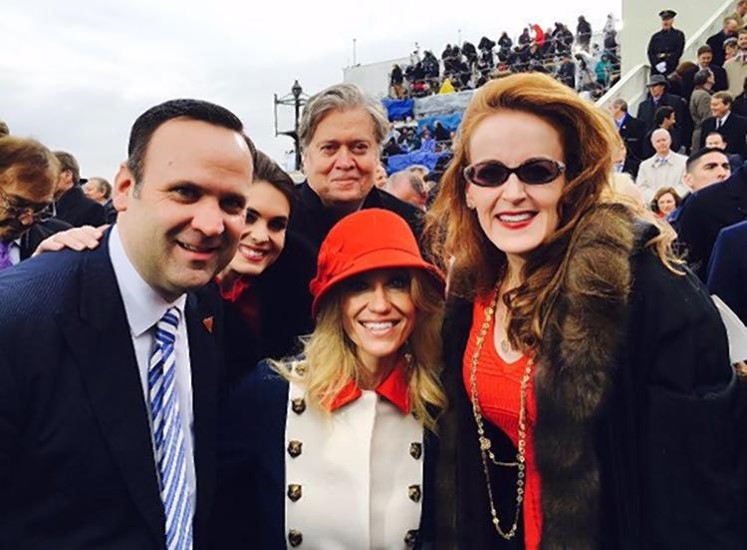 President Donald Trump’s Social Media Director Dan Scavino Jr., left, with (from left) Hope Hicks, Steve Bannon, KellyAnne Conway and Rebecca Mercer at Trump’s inauguration in 2017